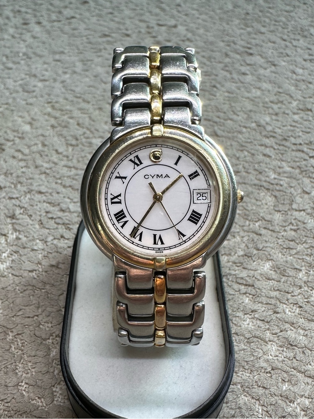 Cyma 33mm Two-Tone Quartz Watch, New Battery, White Dial, Gold Bezel 02-0001-003